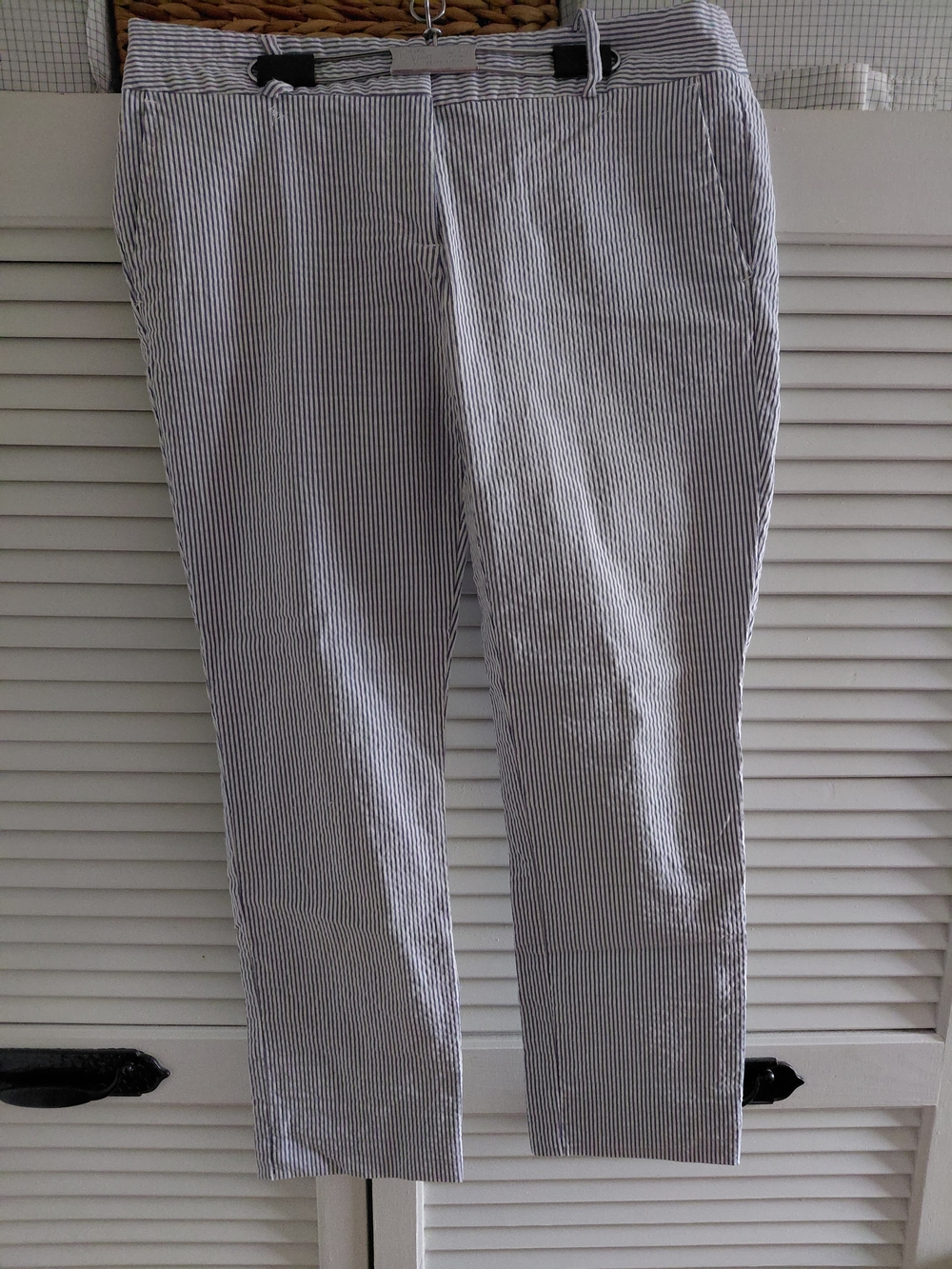 Women's Dalia Blue Seersucker Cropped Pencil Pants-8